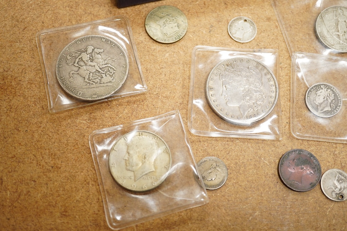 A small collection of silver coins and medals to include George III crown, 1820, Usa Morgan dollar, 1885, Edward VII florin, 1909, two George VI coronation medals in original boxes etc